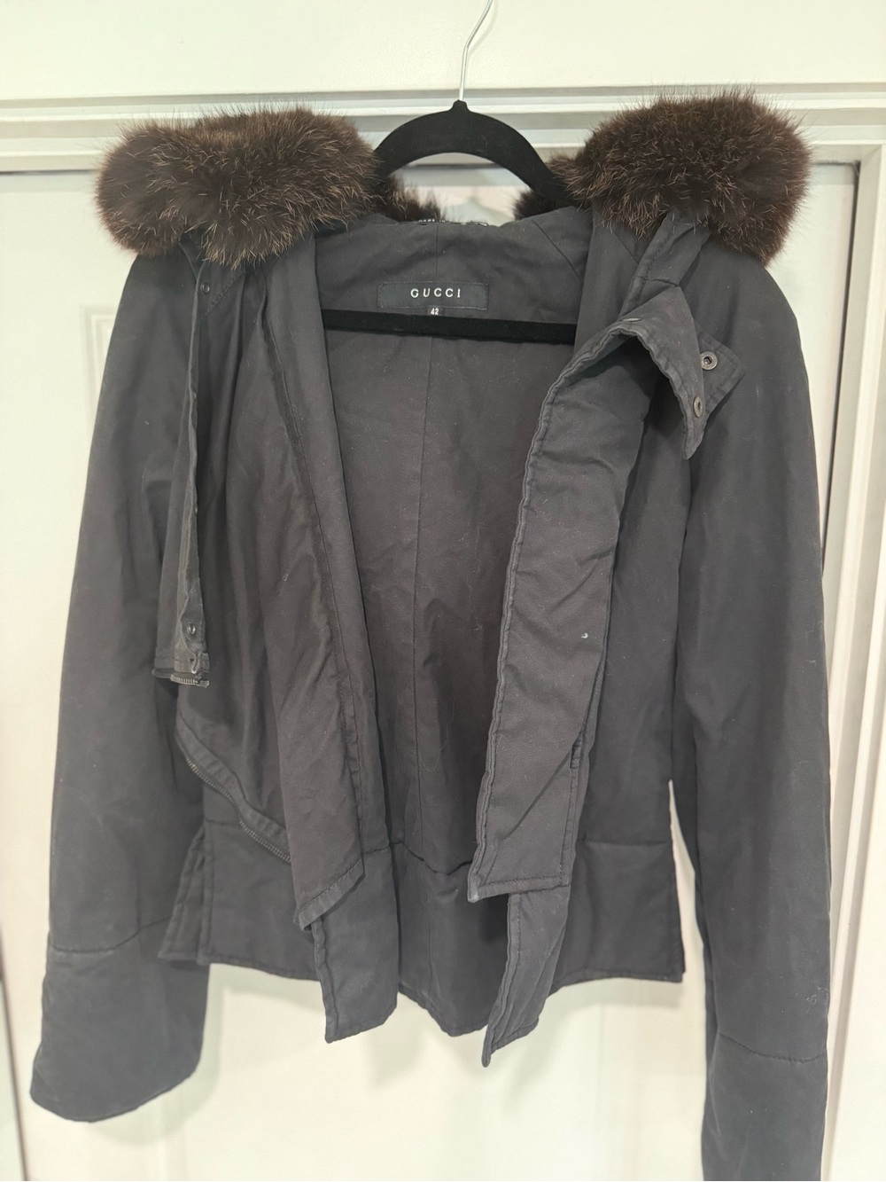 Gucci Dark Gray Fur-Trim Hooded Trench Coat